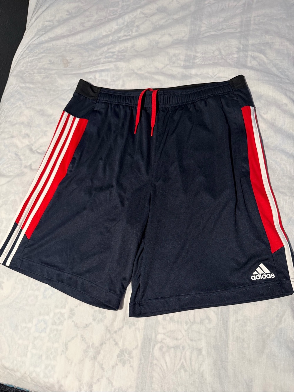 adidas Men's Navy Athletic Shorts with Red Trim and White Stripes size XL